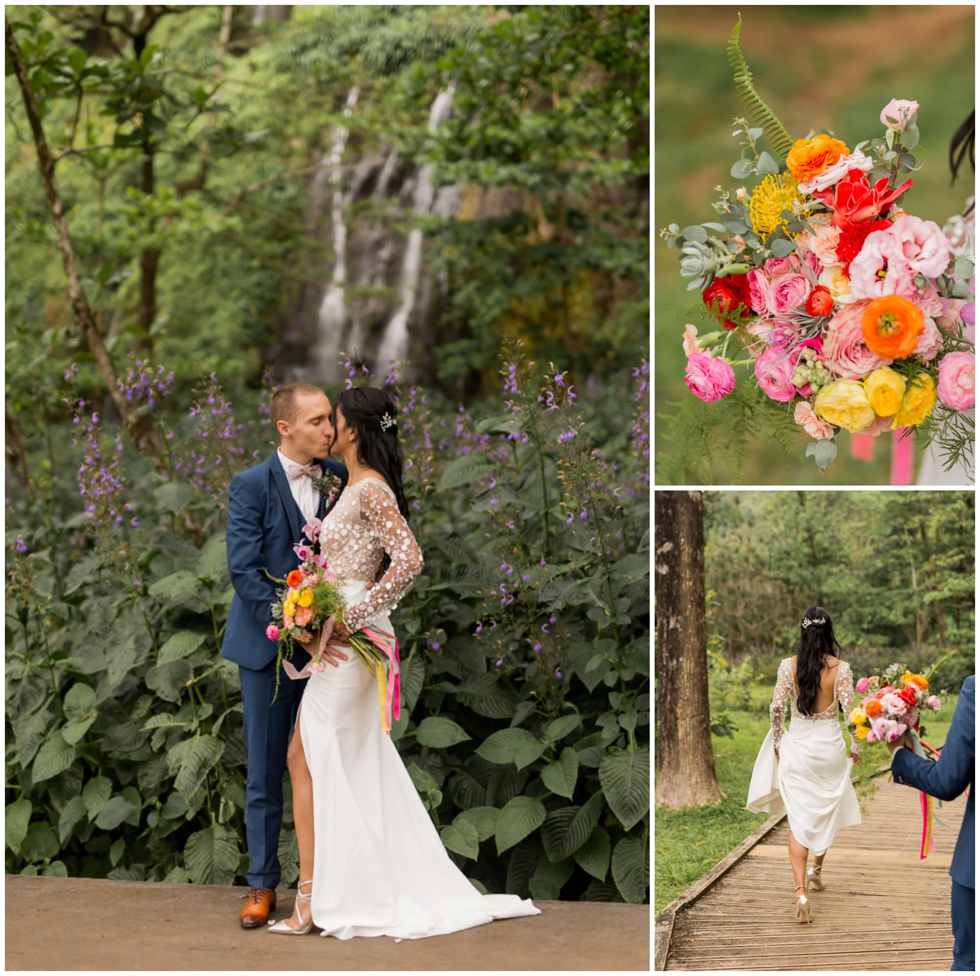 Des mariés à l'anse des cascades de Sainte-Rose avec un bouquet de fleurs tropicales