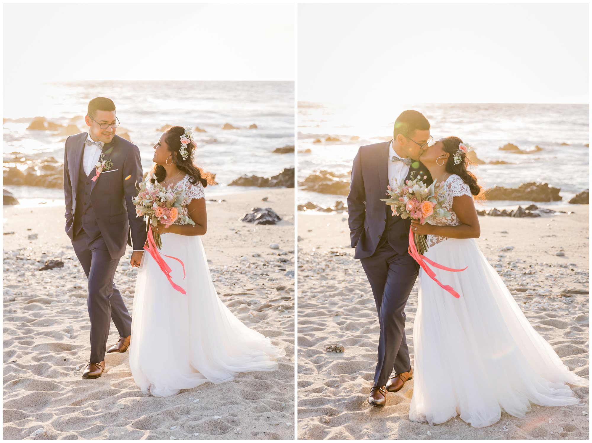 Couple qui s'embrasse le jour de leur mariage champêtre chic sur une plage de la Reunion
