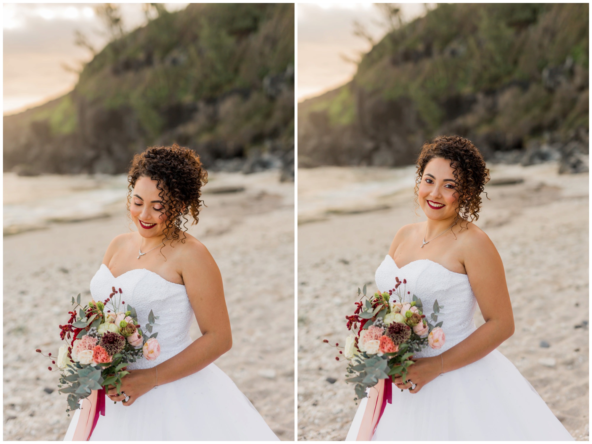 Une splendide mariée sur la plage de grande anse avec un bouquet de fleur dans les tons de rouge marsala et rose poudré