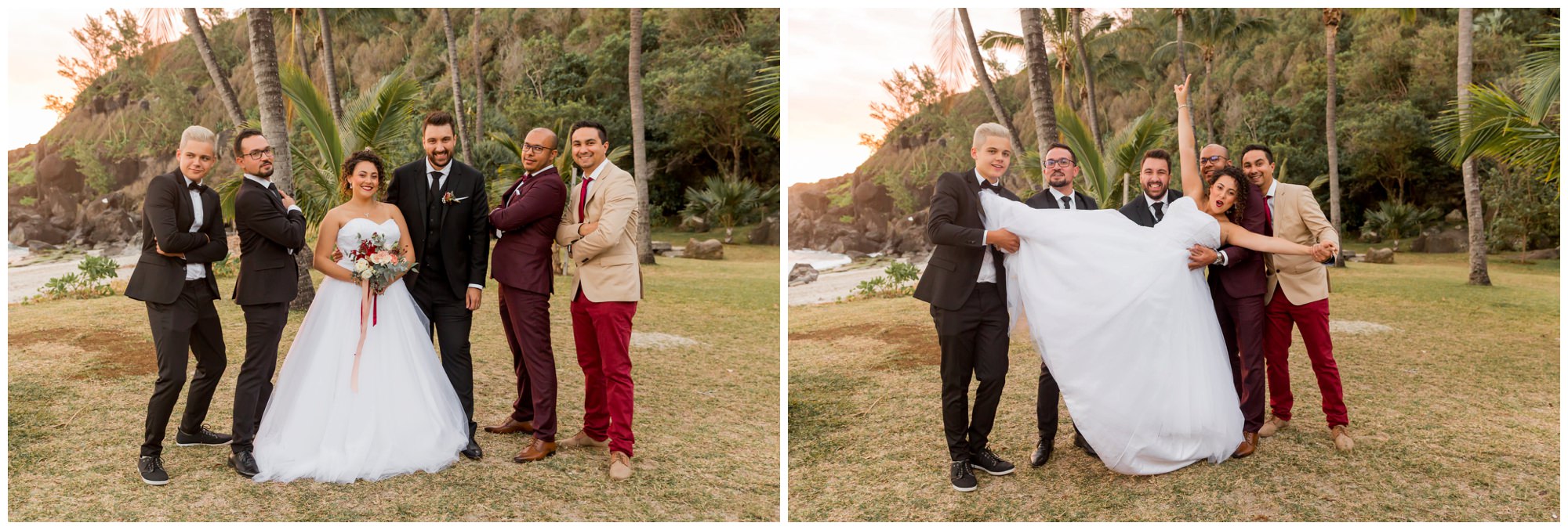 Photo de groupe lors d'un mariage sur la plage de grande anse à la Réunion