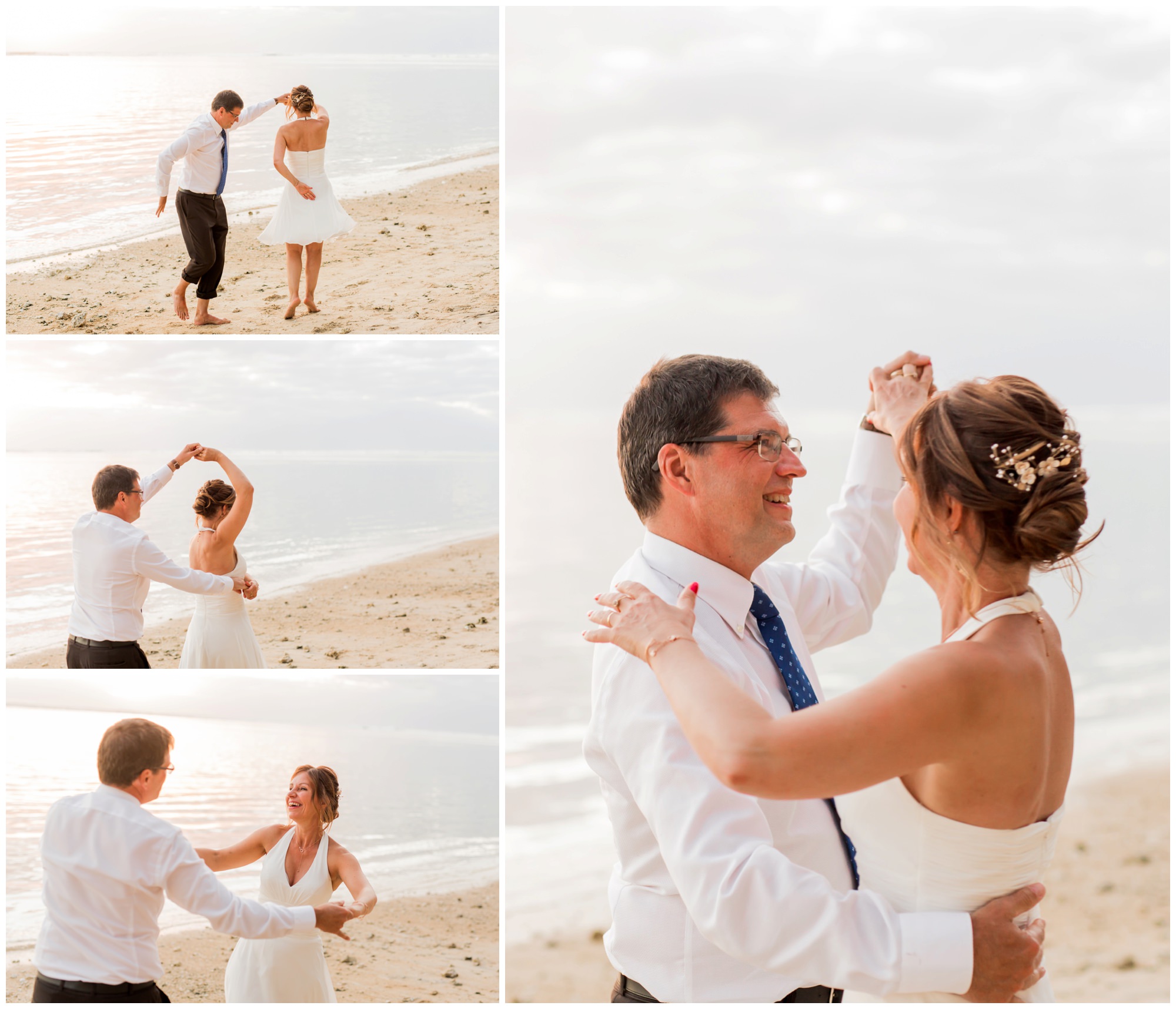 Un couple qui danse sur la plage lors de leur renouvellement de voeux de mariage